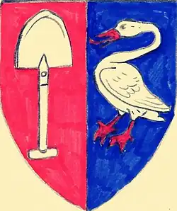 Coat of arms Graeff (ancient). The family coat of arms with the silver spade on a red (Von Graben) and silver swan on a blue background (De Grebber) was first documented in 1543 by Jan Pietersz Graeff.[7]