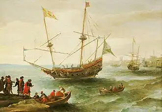 Square-rigged ship leaving a harbor and a group of people gathering in the coast