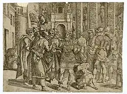 The Unity of the State: Roman ruler in richly decorated armour, with pomegranate in his hand, standing surrounded by people. c.1543 Etching after Rosso Fiorentino