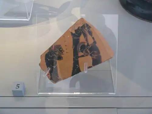 Warriors leaving the Trojan Horse, fragment of an attic black-figure krater from Orbetello (Italy), ca. 540 BC