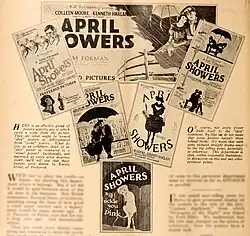 Display of seven posters, several of which share a visual motif of a couple with an umbrella