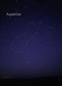 Photograph of a starry sky with white lines tracing the constellation Aquarius