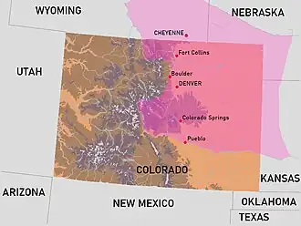 A topographical map of Colorado. The pink shading shows the extent of Arapaho and Cheyenne territory in 1851. The southern boundary follows the Arkansas River from Kansas to the Rocky Mountains. The northern boundary was the North Platte River, which runs through Nebraska and Wyoming. The western boundary follows the rivers where possible, but stops at the foothills in the Boulder area. The eastern border edges into Kansas, without any major geographical features as a basis for its shape.