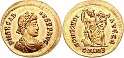 Obverse and reverse sides of a coin of Arcadius