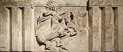 Architrave with sculpted metope showing sun god Helios in a quadriga, from the Temple of Athena at Troy, circa 300–280 BC