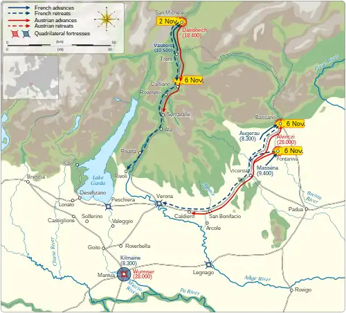 Map shows Arcole campaign first phase.