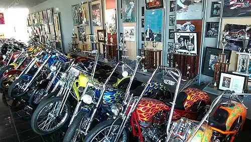 Arlen Ness motorcycles and trophies on display in Dublin, California