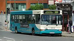 Arriva Kent Thameside 3272 (R272 EKO), a Dennis Dart SLF/Plaxton Pointer 2, seen on London Road, Sevenoaks, at the bus stop outside Sevenoaks railway station on route 308.