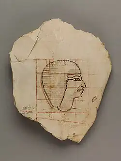 An ostracon showing a gridded sketch thought to depict the royal official Senenmut, Thebes, c. 1479–1458 B.C.E
