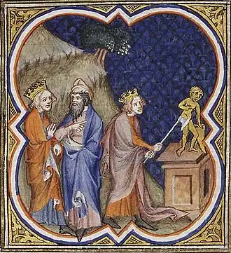 Illustration in the Bible Historiale of King Asa of Judah destroying the idols, at Azariah's instigation.