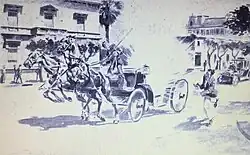 Drawing of a man running alongside a horse-drawn carriage, while a bomb explodes inside the carriage
