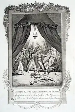 A black and white painting of four armed men pushing another man towards an entrance, while another decapitated man is seen on the ground