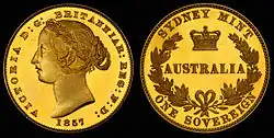 A gold coin, with a left-facing bust of Queen Victoria wearing a wreath in her hair and an inscription dated 1857 on the obverse, and symbols and an inscription indicating the Sydney Mint, Australia, one sovereign on the reverse.