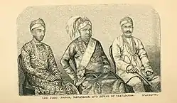 Ayilyam Thirunal of Travancore (centre) with the first prince (left) and Dewan Rajah Sir T. Madhava Rao (right)