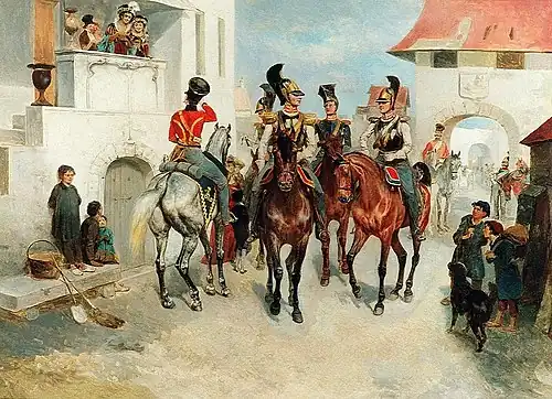 This painting by Bogdan Willewalde depicts the meeting of officers of the Russian Guards cavalry with the residents of one of the European cities in 1813–1814. It depicts (left - right) officer of the Life Guards Hussar Regiment, chief- and staff officers of the Life Guards Horse Regiment, chief-officers of the Life Guards Uhlan and Chevalier Guard Regiments. In the background can be seen the lower ranks of the Life Guards Hussar and one of the Army Cuirassier Regiments.