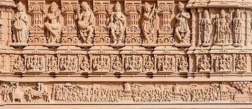 Exterior wall carvings depicting the Ratha Yatra festival of Jagannath in Odisha