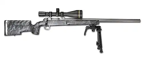 An ICFRA F-Class rifle equipped with a scope and bipod