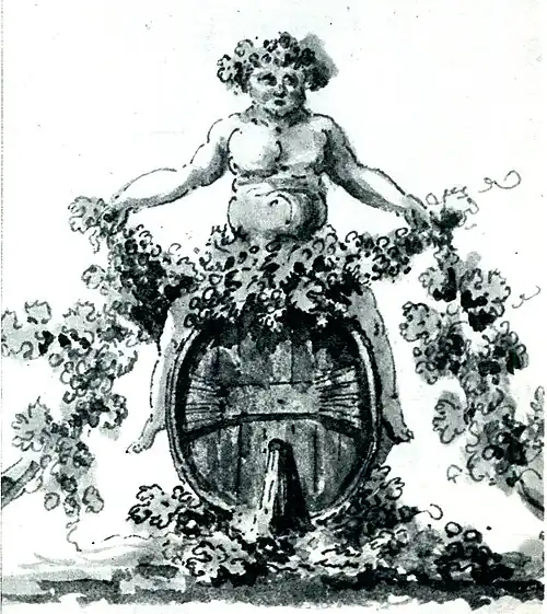 The epistle's credo sings "Here Bacchus is bidden!" Illustration of Bacchus, god of wine, by Johan Gottlob Brusell&nbsp;[sv] in one of Bellman's manuscripts.