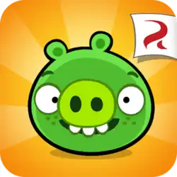 The game's protagonist, a green limbless pig named Ross, sits in the centre of the game's app icon. The background has the same sunbeam-pattern as the background app icon used for Angry Birds (2009), albeit yellow instead of blue.