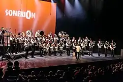 The bagad at the 2017 national bagadoù championship in Brest.