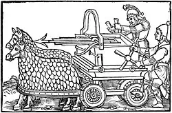 Early modern four-wheeled ballista drawn by armored horses (1552)