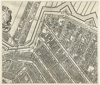 Map of Amsterdam by Balthasar Florisz. van Berckenrode (1625). Detail of the larger map with the still short Prinsengracht ending at the Leidsegracht (top center).