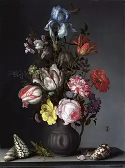 Balthasar van der Ast's oil painting Flowers in a Vase with Shells and Insects, c. 1630