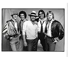 The original Bandana lineup signed to Warner Bros. Records. L to R: Jerry Ray Johnston, Tim Menzies, Lonnie Wilson, Jerry Fox, Joe Van Dyke.