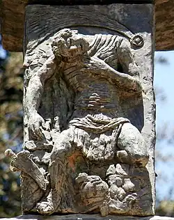Close-up view of the rebellion's leader on a large menorah sculpture in Jerusalem