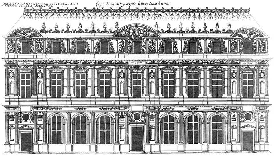 Lescot's facade as illustrated in Les plus excellents bâtiments de France (1576)