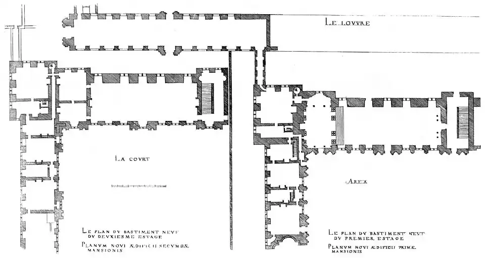 Plans of the southwest corner of the Renaissance Louvre, west at the top (1576 engraving by Jacques Androuet du Cerceau). The plan on the right shows the ground floor with the single-storey Petite Galerie at the top. The plan on the left shows the floor above the ground floor of the main part of the Louvre.