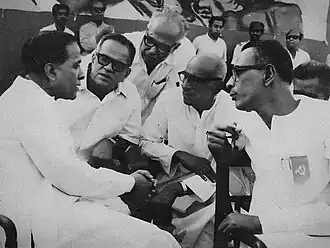 Basu, Ranadive, Mukherjee, Basavapunnaiah and Konar in the 20th conference of the AIKS held in Barsul, West Bengal, 1969