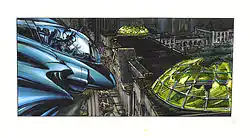 Batman approaching Gotham's natural history museum commandeered by Mr. Freeze