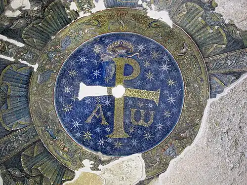 Byzantine mosaic medallion with the Chi Rho on the ceiling of Baptistery of San Giovanni in Fonte, Naples, Italy, unknown architect or craftsman, 362–408[7]