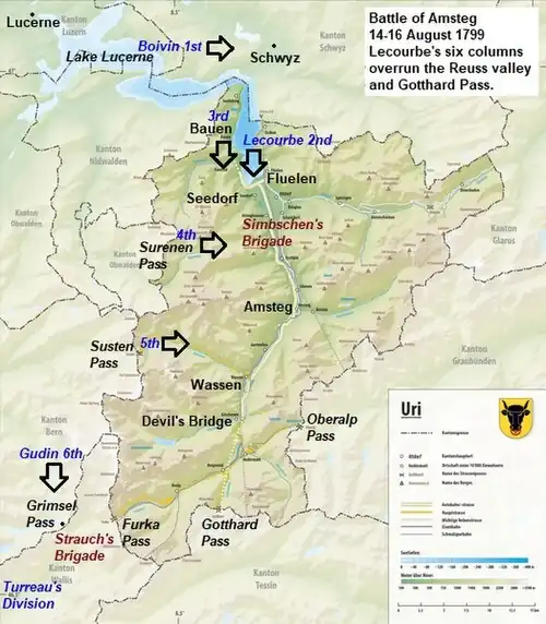 This map was created from "Reliefkarte Uri.png". The positions of the French and Austrian armies were added to the map.