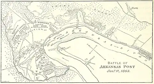 Map shows the Battle of Arkansas Post.