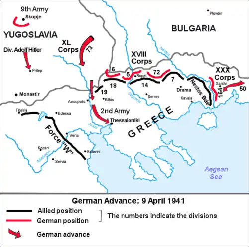 Sketch of the order of battle of the opposing forces, and of the flanking movement of the German army in northern Greece