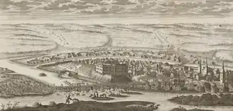 Battle of Pultusk, 1703. The Swedish army upper left, Saxon army upper right. The final battle at the bridge, low center.