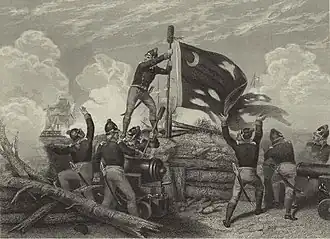 Continental Sergeant William Jasper of the 2nd South Carolina Regiment, on a parapet raising the fort's South Carolina Revolutionary flag with its white crescent moon.