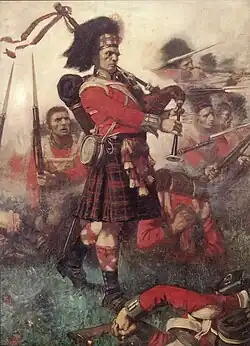 Highly stylised depiction of Highland regiment soldiers in battle, including a statuesque bagpiper