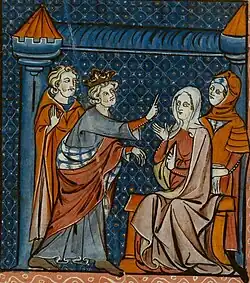 A crowned man gesturing towards an enthroned woman