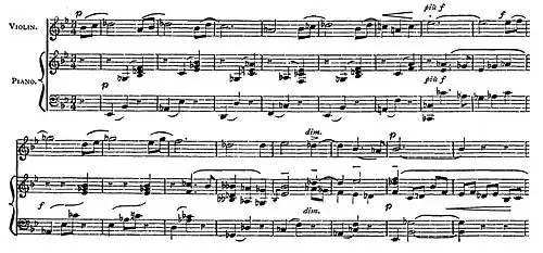 bars of printed score for solo violin and piano accompaniment