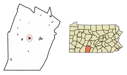 Location of Bedford in Bedford County, Pennsylvania (left) and of Bedford County in Pennsylvania (right)