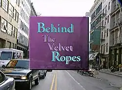 Title card for Behind the Velvet Ropes featuring teal and pink text on a purple background, over the backdrop of Manhattan