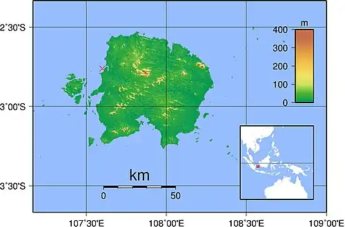 Map of Belitung Island showing the wreck site marked just off the northwest coast