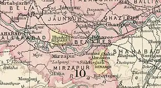 Benares State in yellow in the Imperial Gazetteer of India; Benares city and Sarnath are in British India, which is shown in pink.