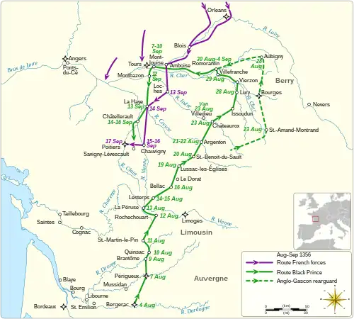 a map showing the route of the Black Prince's division during the campaign and dates of visits to various places, and similar for King John II's army
