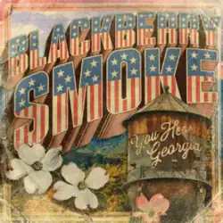 Blackberry Smoke in large block letters with the American stars and stripes across them, with two orchid flowers in the bottom left and a watertower with the words "You Hear Georgia" on it in the bottom right