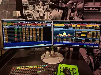 A photograph of a two-monitor computer display open to the Bloomberg Terminal, along with its custom keyboard