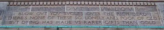 Blow out your bugles, detail on Memorial Arch (by John M Lyle) at Royal Military College of Canada